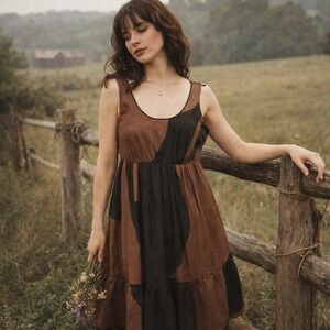 Silk Linen Abstract Babydoll Y2K Tiered Dress Brown Black Boho 2 Cottage‎